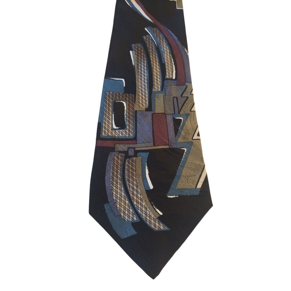 Chez Roffe New York Mens Tie Necktie Designer Luxury Black Teal Blue Abstract